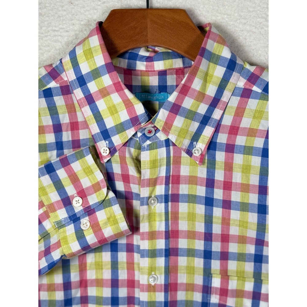 J. McLaughlin Shirt Mens Large L Multi Color Gingham Check Cotton Button Down